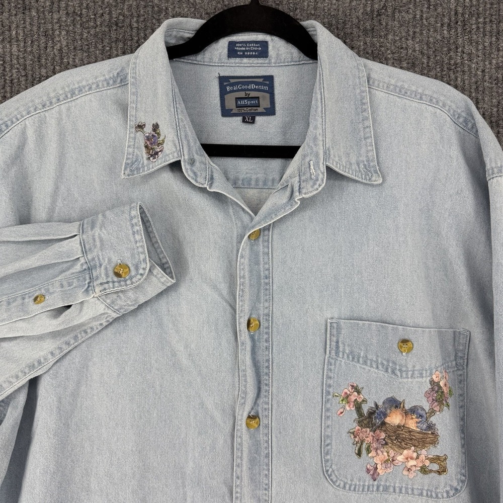 Vintage Real Good Denim by All Sport denim shirt birds applique mens XL cottage